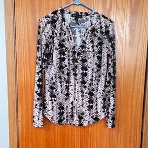 INC International Concepts Black and Cream Patterned Blouse
